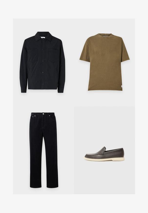 Sort knap-igennem jakke lavet af letvægtsstof, med to brystlommer, en lige krave og lange ærmer. Glat tekstur og ingen mønstre.; Olivengrøn bomulds t-shirt med rund hals, korte ærmer og en afslappet pasform. Har rene linjer og et lille label ved kanten.; Sorte fløjl bukser med lige ben-design, der har en knap- og lynlåslukning, fem lommer og et blødt, tekstureret stof.; Brune læder slip-on sko med en struktureret overflade og en kontrasterende lys beige sål, der har en rund tå og minimal syning.