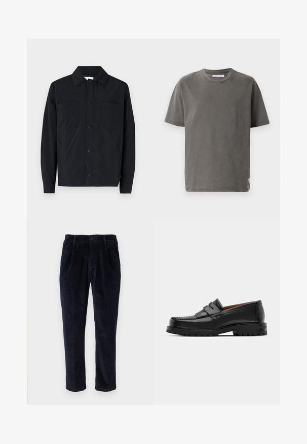 Černá kožená bunda na knoflíky vyrobená z lehkého materiálu, s dvěma náprsními kapsami, rovného límce a dlouhými rukávy. Hladký povrch a bez vzorů.; Šedé bavlněné tričko s krátkým rukávem a kulatým výstřihem, které má mírně vybledlou texturu a boční rozparek na spodním okraji pro zdůraznění detailu.; Námořnické modré kordové kalhoty se zapínáním na knoflík a zip, bočními kapsami a rovnými nohavicemi na bílém pozadí.; Černé kožené mokasíny mají zvýšený šev, dvě dekorativní pásky na svršku a silnou strukturovanou podrážku pro lepší přilnavost.