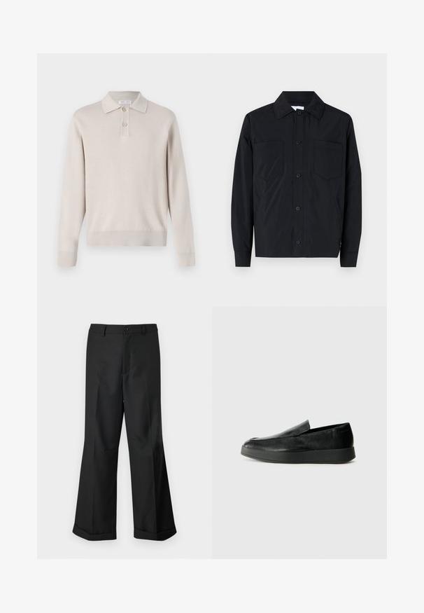 Czarna kurtka zapinana na guziki, wykonana z lekkiego materiału, z dwiema kieszeniami na piersi, prostym kołnierzem i długimi rękawami. Gładka faktura i bez wzorów.; Jasno beżowa, długą rękaw polo wykonana z miękkiego materiału. Posiada kołnierzyk, listwę z trzema guzikami oraz ściągacze przy rękawach i u dołu.; Czarne spodnie o szerokich nogawkach z zapięciem na guziki w pasie i mankietami, prezentowane na jednolitym białym tle.; Calvin Klein HYBRID CUP czarny