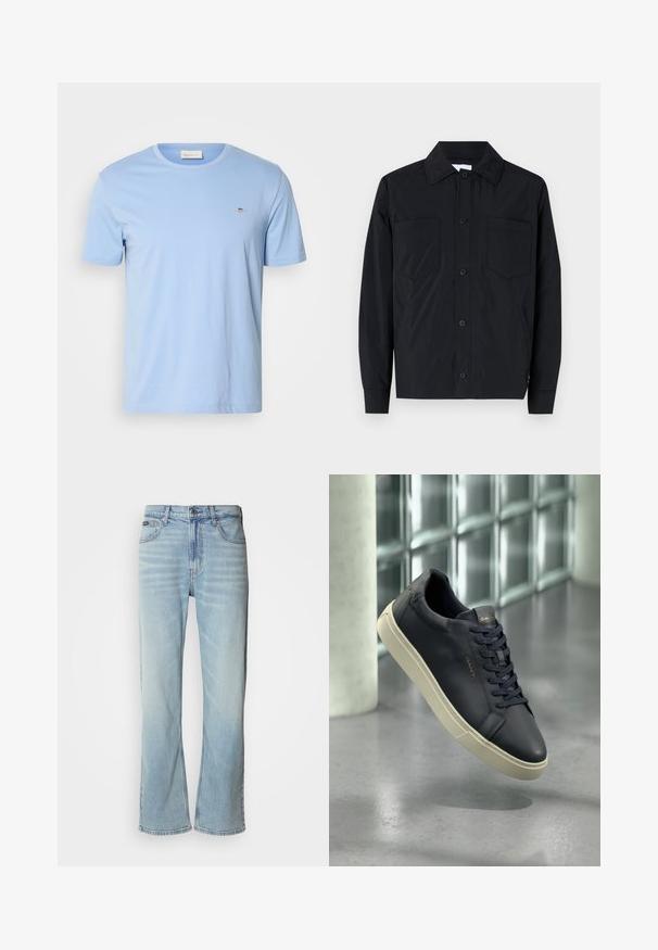 Schwarze Button-up-Jacke aus leichtem Stoff, ausgestattet mit zwei Brusttaschen, einem geraden Kragen und langen Ärmeln. Glatter Stoff und ohne Muster.; Helles blaues T-Shirt mit kurzen Ärmeln aus Baumwolle. Verfügt über einen runden Ausschnitt und ein kleines gesticktes Logo auf der linken Brustseite. Weiche Textur.; Hellblaue Jeans aus Denim mit geradem Bein, ausgestattet mit fünf Taschen, einem Knopfverschluss und subtilen Verwaschungen im Stoff.; Navy Leder-Sneaker mit abgerundetem Zeh, flachen Schnürsenkeln und strukturiertem Profil; mit Logo auf der Zunge, kontrastiert durch eine cremfarbene Laufsohle.