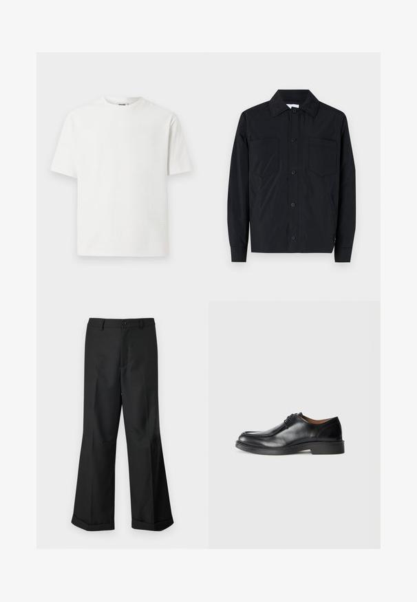 Mustast nööriga jakk kergest kangast, millel on kaks rinna-taskut, sirge krae ja pikad varrukad. Sile tekstuur ja ilma mustriteta.; Valge lühikeste varrukatega T-särk, millel on tekstureeritud muster, ümmargune kaelus ja vabalt langev lõige. Kanga välimus on kerge ja hingav.; Mustad laiad püksid nupuga vöökoha ja cuffidega hemmed, esitatud lihtsa valge tausta taustal.; Must sõlmiga mustad nahast kontsad, ümarate varvastega, sileda pinna ja madala, tekstuuriga kummitald. Puhtad jooned ja minimalistisch disain.