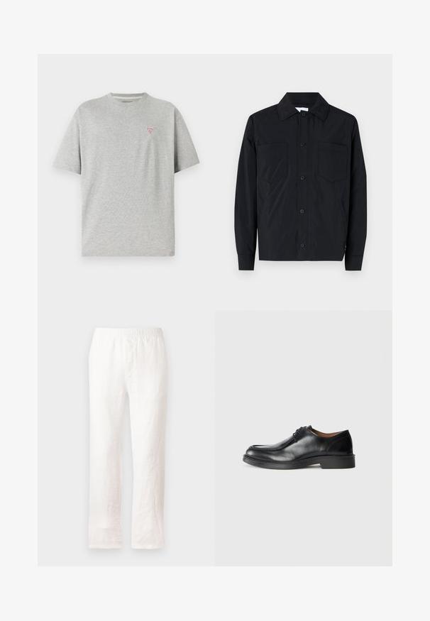 Melna pogu jaka ar īsu piedurkni, izgatavota no viegla auduma, ar divām krūšu kabatām, taisnu apkakli un garām piedurknēm. Gluda tekstūra un bez rakstiem.; Pelēks kokvilnas T-krekls ar īsām piedurknēm; raksturo neliels sarkans trīsstūra logotips kreisajā krūtīs; klasiska apaļa kakla izgriezums; gluda tekstūra.; Baltas lina bikses ar elastīgu jostu, taisnas kājas dizains un mazliet teksturēta auduma. Nav rakstiem vai papildu detaļām.; Melna ādas kleitu kurpe ar apaļu purngalu, gludu virsmu, auklu akcentiem un zemu, strukturētu gumijas zoli. Tīras līnijas un minimālistisks dizains.