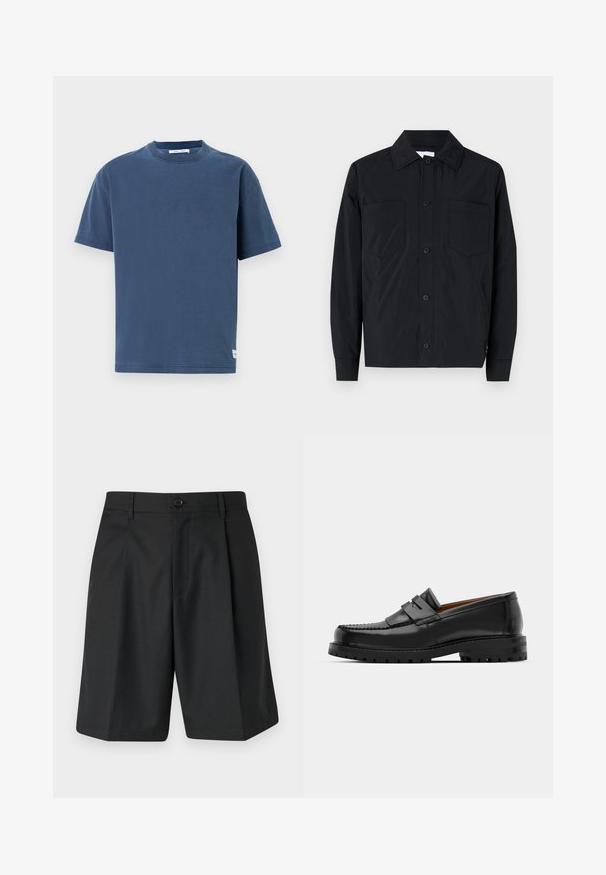 Black button-up jacket made of lightweight fabric, featuring two chest pockets, a straight collar, and long sleeves. Smooth texture and no patterns.; Navy blue cotton t-shirt, short sleeves, crew neck, regular fit, plain design, features a small logo tag at the hem.; Samsøe Samsøe MANDLA - Shorts - black; Black leather loafers feature a raised seam, two decorative straps on the upper, and a thick textured sole for added grip.