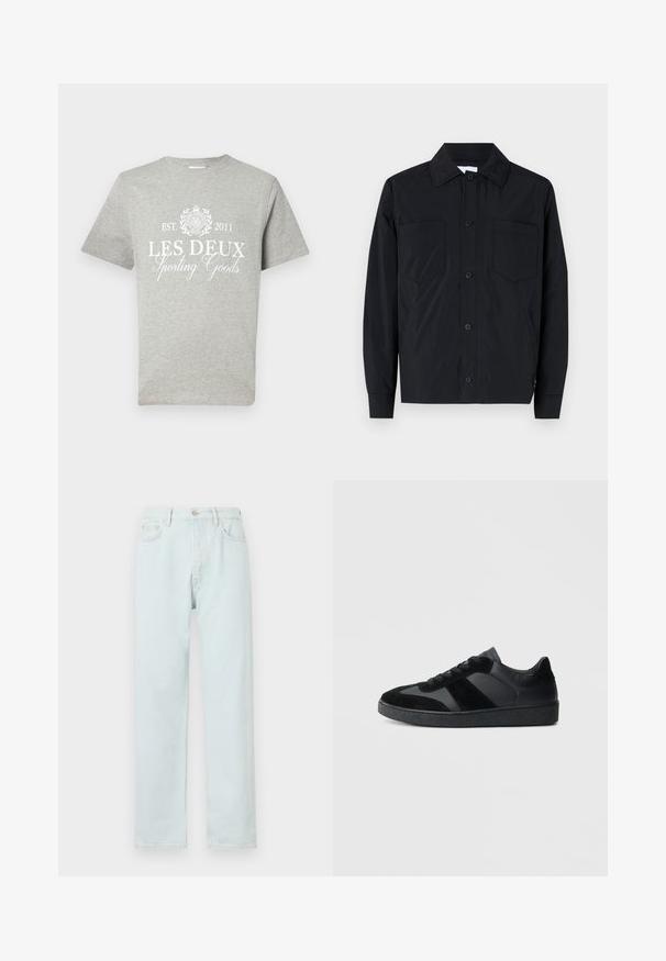 Svart knäppjacka i lätt tyg med två bröstfickor, rak krage och långa ärmar. Slät textur utan mönster.; Grå T-shirt med kort ärm, tillverkad av bomull, med vit tryckt text "LES DEUX Sporting Goods" och en cirkulär logotyp ovanför samt etableringsår.; Ljust blå rak ben jeans i denim, med knäppning, subtila slitningar och femfickorsdesign.; Svarta sneakers med en kombination av slätt läder och mocka, med en texturerad svart gummisula och subtila randdetaljer.