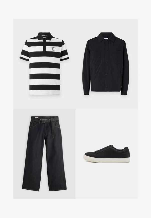Svart knappjakke laget av lett stoff, med to brystlommer, rett krage og lange ermer. Glatt tekstur uten mønster.; Svart og hvitstripet polo skjorte med krage, tre-knaps placket og en liten logo med "21" og "PARIS" på venstre bryst.; Mørk denim vidde bukser med belte i midjen, som har frontlommer og kontraststing. Glatt tekstur med et rent design.; Sorte semskede sneakers med rundt tå, hvit gummisåle, kontrasterende blå snører og en glatt tekstur. Minimalistisk design uten synlig logo.