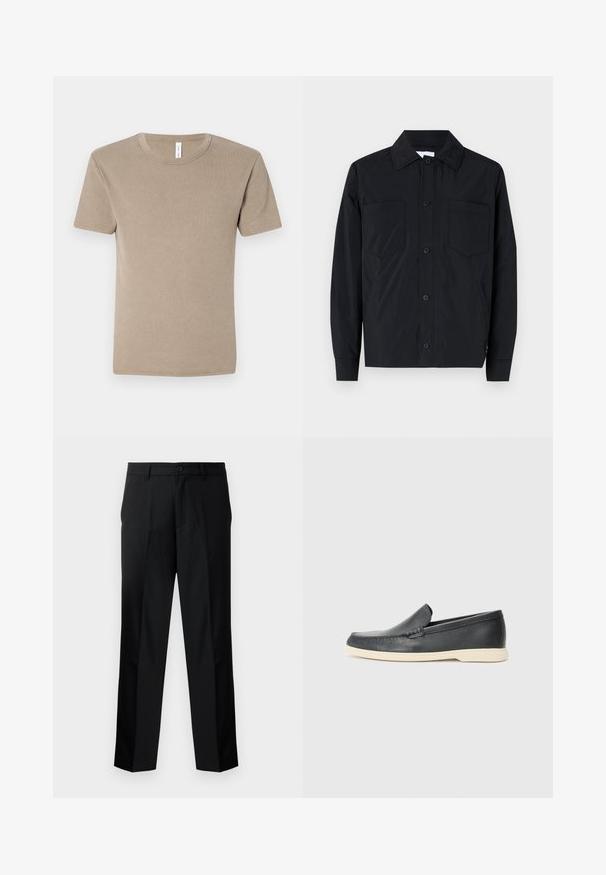 Mustast nööriga jakk kergest kangast, millel on kaks rinna-taskut, sirge krae ja pikad varrukad. Sile tekstuur ja ilma mustriteta.; Pruun lühikeste varrukatega T-särk, millel on pehme puuvillane kangas. Omab ümmargust kaelust ja lihtsat disaini, millel ei ole mustreid ega kaunistusi.; Mustad musträbimoodulitega püksid sirge lõikega, mis sisaldavad nööpe, lukku ja vöökumme. Sile kanga tekstuur ja küljetaskud.; Must musta sussid mustast nahast, millel on tekstuuriga pind ja kontrastne beež kummitald. Ees on peen aktsent.