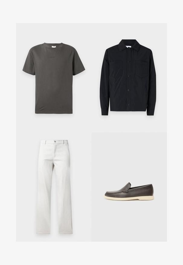 Juodas lengvas audinys, marškininė striukė su dviem krūtinės kišenėmis, tiesiu apykakle ir ilgomis rankovėmis. Lygus paviršius be raštų.; Pilkos spalvos medvilninis marškinėliai su apvalia iškirpte ir trumpomis rankovėmis. Priekyje yra nedidelis, santūrus logotipas. Švelnus audinys ir klasikinis išpjaustymas.; Šviesiai pilki kelnes su tiesiomis kojomis, pagamintos iš lygaus audinio, su priekiniais sagčių užsegimais ir šoninėmis kišenėmis.; Rudos odinės slip-on tipo bateliai su tekstūruota paviršiumi ir kontrastinga šviesiai smėlio spalvos išore, turintys apvalią nosį ir minimalias siuvimo detales.