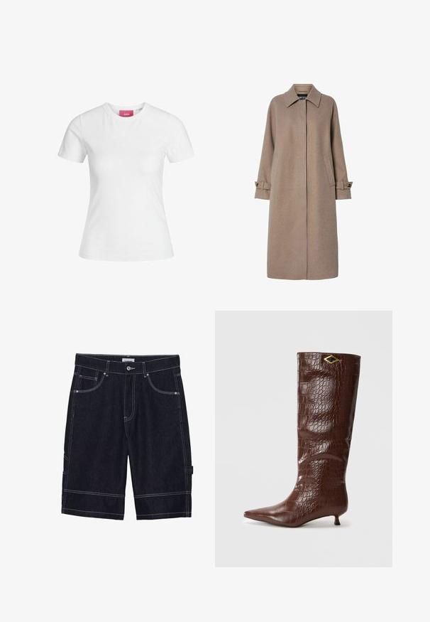 Beige ullblandingsfrakk med rett snitt, høy krage og sidelommer. Har knappdetaljer på mansjettene på de lange ermene.; Grå zip-up hettegenser laget av myk bomullsblanding, med hette, kengurulommer og ribbestrikkede mansjetter. Avslappet oversized passform.; Hvit bomull T-skjorte med korte ermer og rund halslinning. Har et rosa merke på innsiden av halsen. Jevn tekstur.; Mørke jeansshorts med kontrastsøm, fem lommer, knappelukking og rett snitt-design. Ingen synlige mønstre eller teksturer.; Brune krokodillemønstrede læderknæhigh støvler med spids tå og en lille, firkantet hæl. Har et guld diamantformet accent.