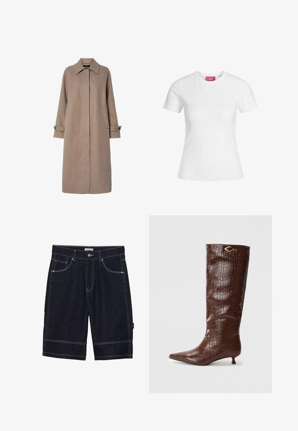 Beige wool blend coat with a straight cut, high collar, and side pockets. Features button accents on the cuff of the long sleeves.; White cotton t-shirt with short sleeves and a round neckline. Features a pink label on the inner neck. Smooth texture.; Dark denim shorts with contrast stitching, five pockets, a button closure, and a straight cut design. No visible patterns or textures.; Brown crocodile-patterned leather knee-high boots with a pointed toe and a small, square heel. Features a gold diamond-shaped accent.