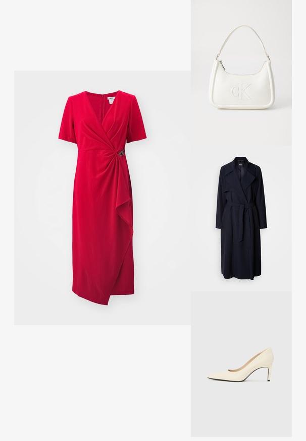 Námornícky trenčkot s veľkým golierom, dlhými rukávmi, opaskom na viazanie v páse a bočnými vreckami. Hladká tkanina s voľným strihom.; Červené šaty po kolená z jemného materiálu s krátkymi rukávmi, s dizajnom zavinovacieho strihu, drapovaným predným dielom a dekoratívnym strieborným akcentom v oblasti pásu.; Biele kožené lodičky na vysokom opätku s ostrou špičkou, hladkou textúrou a čiernym akcentom na podrážke. Klasický dizajn so strednou výškou opätku.; Biela kožená kabelka s zakriveným tvarom, na prednej strane s embosovaným logom "CK" a jedným ramenným popruhom. Zipsové zapínanie navrchu.