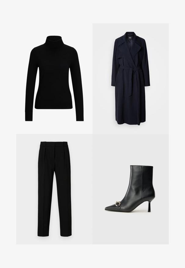 Navy trench coat with a large collar, long sleeves, a tied belt at the waist, and side pockets. Smooth fabric with a relaxed fit design.; Black turtleneck sweater made of a smooth, stretchable fabric; fitted silhouette, long sleeves, ribbed cuffs, and a high neck.; Black tailored trousers with a straight fit, pleated front, polished fabric, and a medium waistband. No visible pockets or hardware details.; Black leather ankle boot with pointed toe, slim mid-height heel, and silver buckle detail on side against plain background.