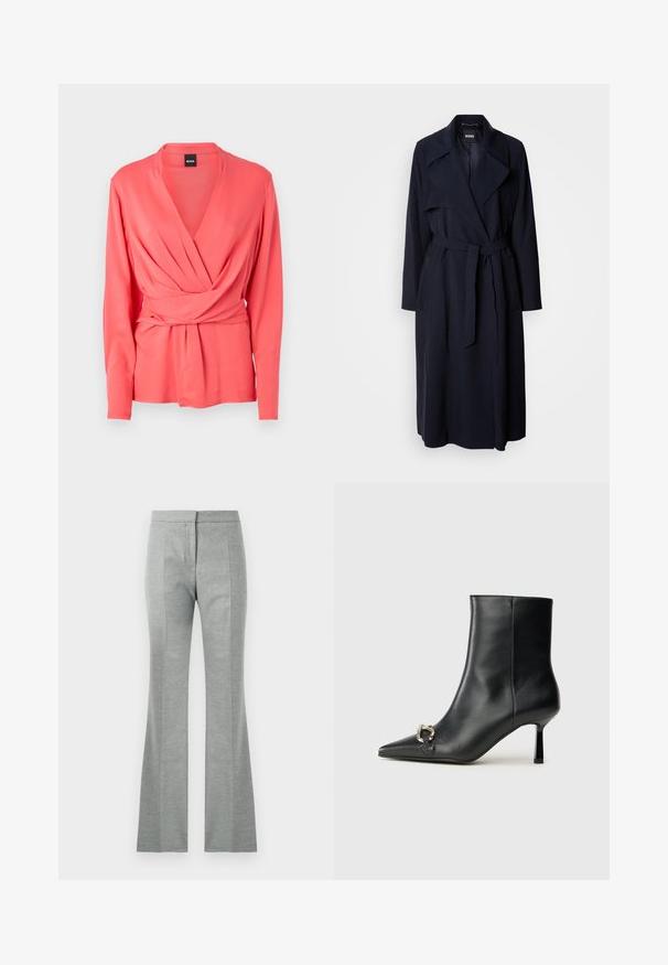Merineidist valmistatud trench coat, millel on suur krae, pikad varrukad, vöö keskel ja küljetaskud. Sile kangas, millel on lõdva istuvusega disain.; Korallvärviline pika varrukaga mähkemeelise top, millel on sügav V-kaelus ja kogutud esiosa. Valmistatud sileda kangaga, on varustatud seotud vöödiga, mis võimaldab kohandada sobivust.; Hallitatud hallid flared püksid, millel on vertikaalsed õmblused, valmistatud pehmest ja tekstuurilisest kangast. Omavad sobivat vöökohta ja siledat viimistlust.; Must mustanvärvi nahast pahklinetopp, millel on terav nina, peen keskmise kõrgusega konts ja hõbedane keha detail külgedel, taustal lihtne taust.