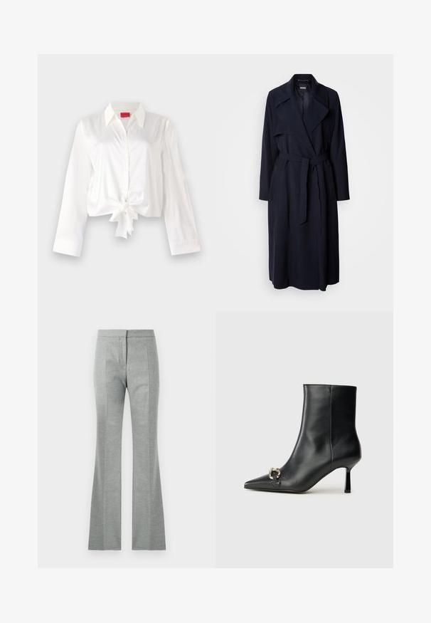 Jūrų mėlynos spalvos trenčkotai su didele apykakle, ilgomis rankovėmis, surišamu diržu liemenyje ir šoniniais kišenėmis. Lygus audinys su laisvo silueto dizainu.; Trumpas, ilgomis rankovėmis mygtukų marškinys iš balto satino audinio, su priekine rišimo detale ir klasikiniu apykakle. Lygus paviršius ir prigludusi forma.; Pilki platėjantys keliai su vertikaliomis siūlėmis, pagaminti iš minkštos, tekstūruotos medžiagos. Turi prigludusią juosmenį ir lygų apdailą.; Juodas odinis apavas iki kulkšnies su smailiu nosiu, plonu vidutinio aukščio kulnu ir sidabriniu sagties akcentu šone, prieš paprastą foną.