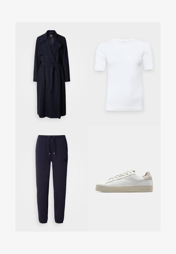 Marintrenchcoat med stor krage, långa ärmar, ett knytbälte i midjan och sidofickor. Slätt tyg med en avslappnad passform.; Vitt kortärmat t-shirt i bomull. Har rund halsringning och en mjuk yta, med minimal sömnad synlig vid fållen.; Mörkblå sweatshirtbyxor i mjukt tyg, med ett elastiskt midjeband och dragsko, samt en broderad logotyp på ett ben.; Vit lädersneaker med en slät yta, beige mockadetaljer, rund tå, platt snörningsdesign och en texturerad gummisula.
