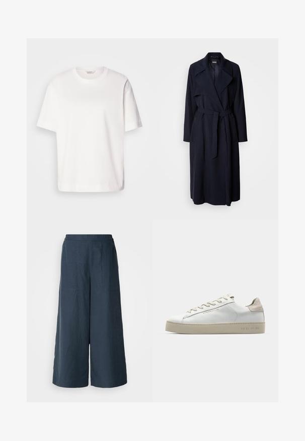 Cappotto trench navy con un ampio colletto, maniche lunghe, una cintura legata in vita e tasche laterali. Tessuto liscio con un design dalla vestibilità comoda.; T-shirt bianco in cotone con maniche corte, scollatura rotonda, vestibilità rilassata e texture liscia; senza motivi o hardware visibili.; Pantaloni a gamba larga di colore blu navy, realizzati in tessuto leggero. Presentano una superficie leggermente texture, una vita elastica e cuciture frontali.; Sneaker bianca in pelle con finitura liscia, dettagli in suede beige, punta rotonda, design con stringhe piatte e suola in gomma testurizzata.