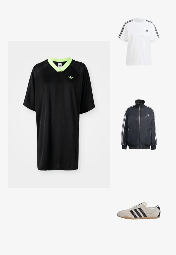 Czarna kurtka zapinana na zamek, wykonana z błyszczącego materiału, z białymi pionowymi paskami na rękawach, ściągaczami na mankietach, wysokim kołnierzem i małym logo na piersi.; Czarna koszulka sportowa z krótkim rękawem, z zielonym dekoltem w serek i haftowanym logo na piersi. Gładka tekstura i luźny krój.; Biała bawełniana koszulka z krótkim rękawem, okrągłym dekoltem i czarnymi pionowymi paskami na ramionach, z małym czarnym logo na piersi.; Zamszowe trampki z szarym cholewką, czarnymi paskami i gumową podeszwą. Posiadają sznurowane zapięcie oraz złoty detal z logo po boku.