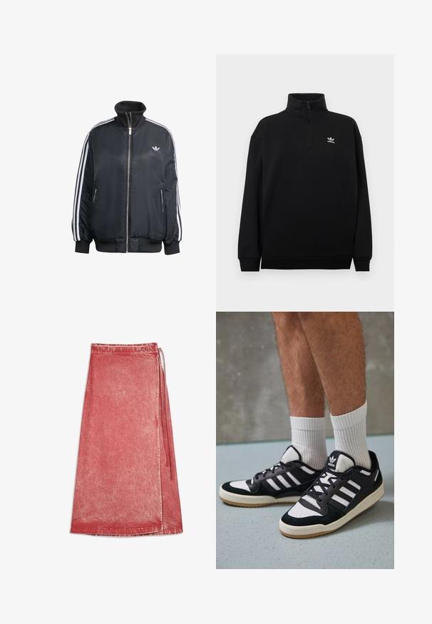 Zwart ritsjack van glanzende stof, met witte verticale strepen op de mouwen, geribbelde manchetten, hoge kraag en klein logo op de borst.; Zwart quarter-zip sweatshirt van zacht materiaal, met een hoge kraag, geribbelde manchetten en een klein wit Adidas-logo op de borst.; Rode denim wikkelskirt met vervaagde waseffect, enkel lengte, met een zij-tie sluiting en gestikte zoom.; Zwart-witte sneakers met een bovenwerk van suede en leer, voorzien van drie witte strepen, een geperforeerde neus en een rubberen gumzool.