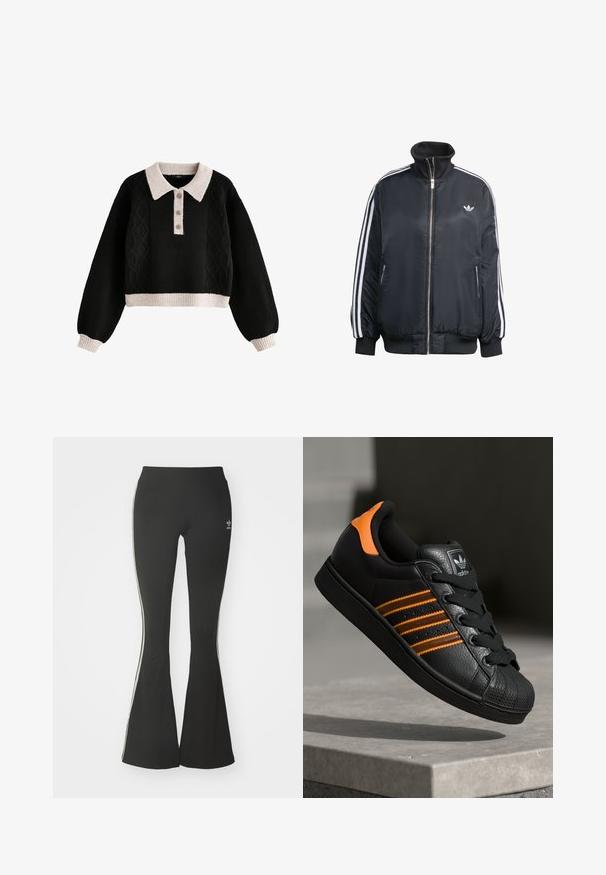 Musta vetoketjullinen takki, joka on valmistettu kiiltävästä kankaasta. Takissa on valkoiset pystysuorat raidat hihoissa, ribbireunukset, korkea kaulus ja pieni logo rinnassa.; Musta lyhyt neulepaita, jossa on palmikkokuvio, ribattu kerma-valkoinen kaulus ja hihansuut, kolmen napin nappilista ja teksturoitu kangas.; Mustat astiakkaat legginsit, jotka on valmistettu joustavasta kankaasta, joissa on korkea vyötärö ja valkoiset sivuraitat. Sisältää pienen logon vyötäröllä.; Musta sneaker oransseilla yksityiskohdilla, kolme vaakasuuntaista raitaa, tekstuuri-nahkapinta, kuminen varvaskansi ja mustat nauhat.