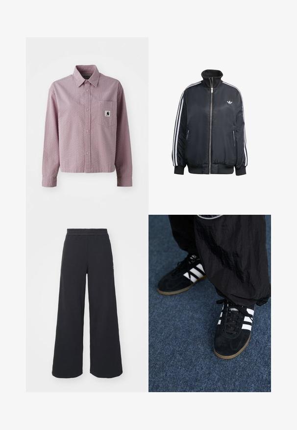 Crna jakna na patent s visokim ovratnikom, izrađena od sjajnog materijala, s bijelim vertikalnim prugama na rukavima, rebrastim manžetama i malim logotipom na prsima.; Svijetlo ružičasta košulja s dugim rukavima, teksturiranim uzorkom, džepom na prsima i malom oznakom s logotipom na džepu.; Crne široke sweatpants hlače napravljene od mekog materijala, s elastičnim strukom i malim logotipom s lijeve strane.; Crne zimske sportske tenisice odsuede s tri bijele pruge i crnim vezicama. Texturirane crne hlače djelomično su vidljive uz tenisice.