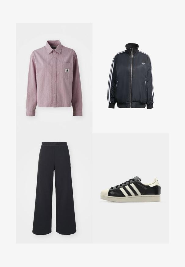 Giacca nera con zip realizzata in tessuto lucido, con strisce verticali bianche sulle maniche, polsini a costine, colletto alto e piccolo logo sul petto.; Camicia button-up rosa chiaro con un motivo testurizzato, maniche lunghe, tasca sul petto e una piccola etichetta con logo sulla tasca.; Pantaloni felpati neri a gamba larga realizzati in tessuto morbido, con un elastico in vita e un piccolo logo sul lato sinistro.; Sneaker in pelle nera con strisce bianche, punta in gomma, lacci neri e suola di colore crema. Texture liscia con finitura brillante.