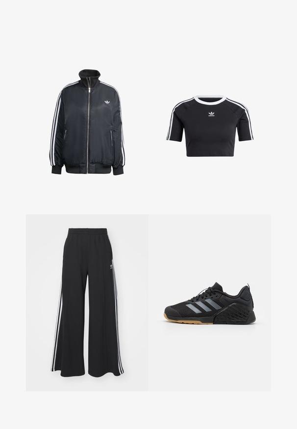 Black zip-up jacket made of shiny fabric, featuring white vertical stripes on sleeves, ribbed cuffs, high collar, and small logo on chest.; Black cropped t-shirt made of cotton, featuring a ribbed white crew neck, short raglan sleeves, and white side stripes with a small logo.; Black wide-leg sweatpants with an elastic waistband, featuring white side stripes and an embroidered logo on the left thigh.; Black athletic shoe with mesh upper, grey three-stripe design, rubber sole, and textured accents on the heel and side.