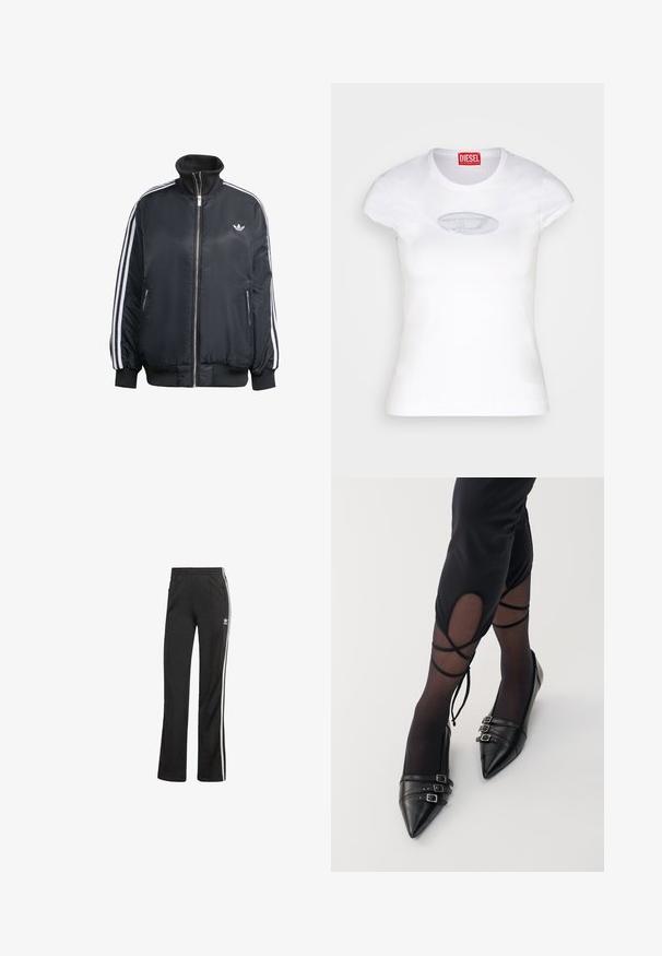 Black zip-up jacket made of shiny fabric, featuring white vertical stripes on sleeves, ribbed cuffs, high collar, and small logo on chest.; White fitted T-shirt made of cotton, featuring a round neckline and short sleeves, with a light blue embroidered logo on the front.; Black athletic pants with a relaxed fit, featuring white side stripes and an elastic waistband. Includes a small logo detail on the side.; Black pointed-toe flats made of leather, featuring three metal buckle accents and a smooth finish, worn with sheer black stockings.