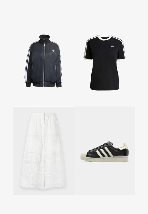 Svart zip-up jacka i glänsande tyg, med vita vertikala ränder på ärmarna, ribbade manschetter, hög krage och liten logo på bröstet.; Svart bomull t-shirt med vita detaljer på kragen och ärmarna, med tre vita ränder på varje axel och en liten logotyp på bröstet.; Vit hängselkjol i lätt tyg, med spetstyp och broderade mönster vid nederkant och mitten.; Svart lädersneaker med vita ränder, gummitåhätta, svarta snören och en krämfärgad sula. Slät textur med blank yta.