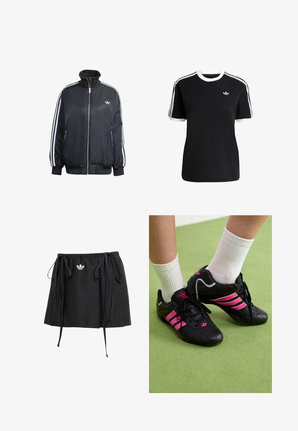 Musta vetoketjullinen takki, joka on valmistettu kiiltävästä kankaasta. Takissa on valkoiset pystysuorat raidat hihoissa, ribbireunukset, korkea kaulus ja pieni logo rinnassa.; Mustat puuvillapaidat, joissa on valkoiset yksityiskohdat kauluksessa ja hihoissa, jossa on kolme valkoista raitaa kummallakin olkapäällä ja pieni logo rintataskussa.; Musta urheiluskolttu, jossa on säädettävät nauhat ja pieni valkoinen logo edessä. Valmistettu kevyestä kankaasta, jossa on sileä pinta.; Mustat urheilukengät, joissa on kolme vaaleanpunaista raitaa, pintakuvioitu nahkaosa, mustat nauhat ja logot yksityiskohtana, yhdistetty valkoisiin ribbineuleisiin sukkiin vihreällä pinnalla.