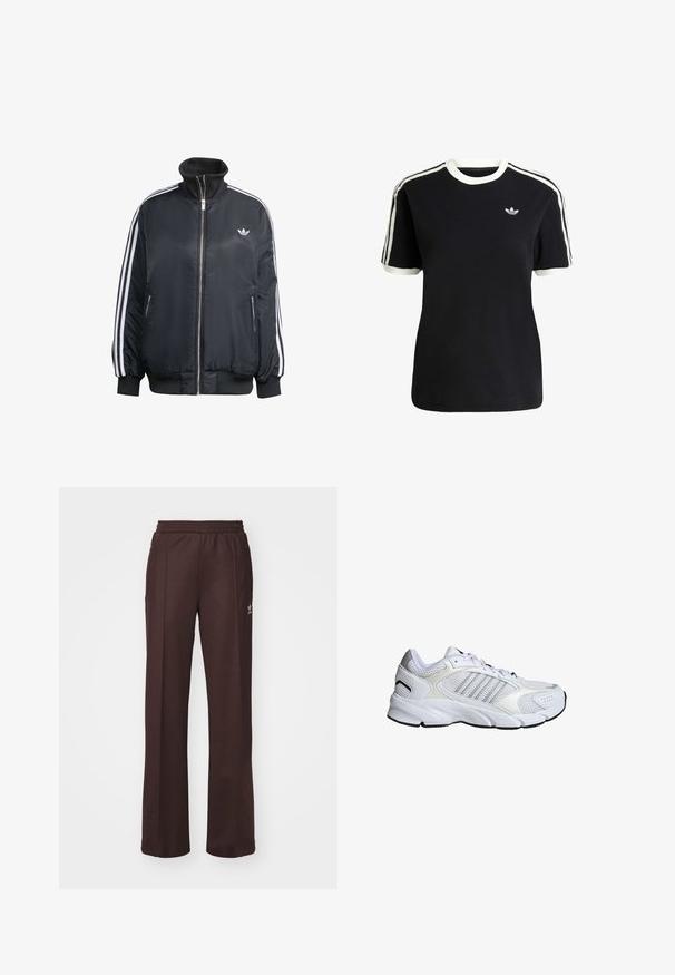 Čierna zipová bunda vyrobená z lesklého materiálu, s bielymi vertikálnymi pruhmi na rukávoch, s rebrovanými manžetami, vysokým golierom a malým logom na hrudi.; Čierne bavlnené tričko s bielymi akcentmi na golieri a rukávoch, s tromi bielymi pruhmi na každom pleci a malým logom na hrudi.; Hnedé športové nohavice s elastickým pásom, dvoma bočnými vreckami a malým logom na ľavej strane, vyrobené z mäkkej látky.; Biele športové topánky so sieťovinou a syntetickými materiálmi, tromi striebornými pruhmi, textúrovanou gumovou podrážkou a polstrovaným golierom.
