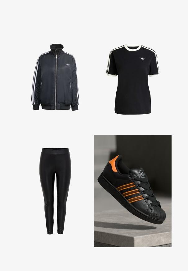 Černá zipová bunda vyrobená z lesklé látky, s bílými vertikálními pruhy na rukávech, žebrovanými manžetami, vysokým límcem a malým logem na hrudi.; Černé bavlněné tričko s bílými akcenty na límci a rukávech, které má tři bílé pruhy na každém rameni a malé logo na hrudi.; Černé legíny s hladkým, lesklým povrchem, s širokým elastickým pasem a slim fit střihem až ke kotníkům.; Černé tenisky s oranžovými akcenty, třemi horizontálními pruhy, texturovaným koženým svrškem, gumovou špicí a černými tkaničkami.