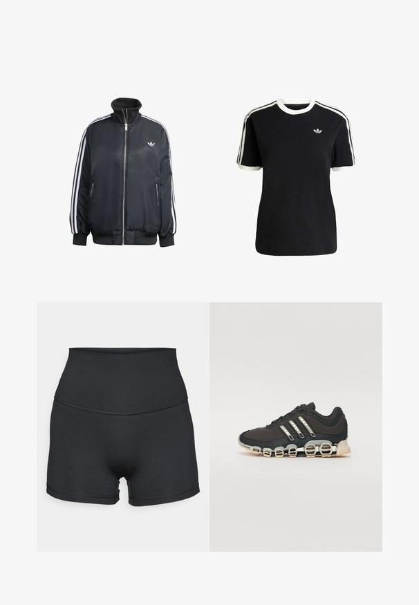 Sort zip-up jakke lavet af skinnende stof, med hvide lodrette striber på ærmerne, ribbede manchetter, høj krave og lille logo på brystet.; Sort bomulds t-shirt med hvide detaljer på kraven og ærmerne, præget af tre hvide striber på hver skulder og et lille logo på brystet.; Sorte højtaljede shorts lavet af glat stof. Har et sømløst design og smal syning langs taljen og benene.; Sort træningssko med en tekstureret overdel, tre sølvstriber og en karakteristisk støttende sål med flere integrerede sektioner.