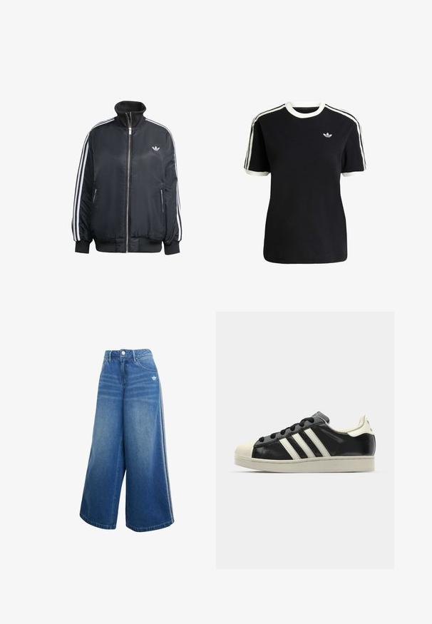 Schwarze zip-up Jacke aus glänzendem Material, mit weißen vertikalen Streifen an den Ärmeln, gerippten Bündchen, hohem Kragen und kleinem Logo auf der Brust.; Schwarzes Baumwoll-T-Shirt mit weißen Akzenten am Kragen und an den Ärmeln, ausgestattet mit drei weißen Streifen auf jeder Schulter und einem kleinen Logo auf der Brust.; Hoch geschnittene Denim-Jeans mit weitem Bein in mittlerem Blau, mit dezenten Nähdetails und einem kleinen weißen Logo auf der Vorderseite.; Schwarze Ledersneaker mit weißen Streifen, Gummikappe, schwarzen Schnürsenkeln und einer cremefarbenen Sohle. Glatte Textur mit glänzender Oberfläche.