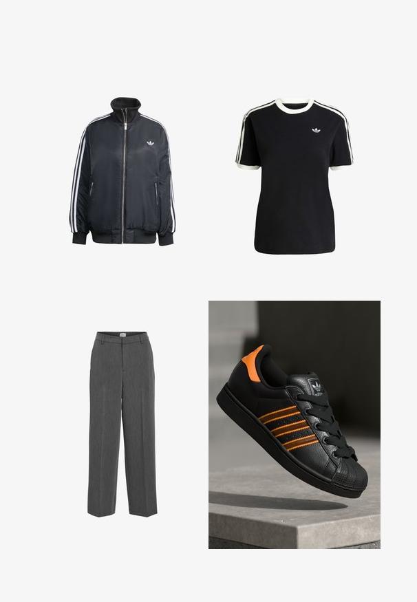 Giacca nera con zip realizzata in tessuto lucido, con strisce verticali bianche sulle maniche, polsini a costine, colletto alto e piccolo logo sul petto.; T-shirt nera in cotone con accenti bianchi sul collo e sulle maniche, caratterizzata da tre strisce bianche su ciascun spalla e un piccolo logo sul petto.; Pantaloni grigi su misura con un design a gamba dritta, fronte piatto e una sottile texture. Presentano una vita con passanti per cintura e senza tasche visibili.; Sneaker nera con accenti arancioni, tre strisce orizzontali, parte superiore in pelle texture, punta in gomma e lacci neri.