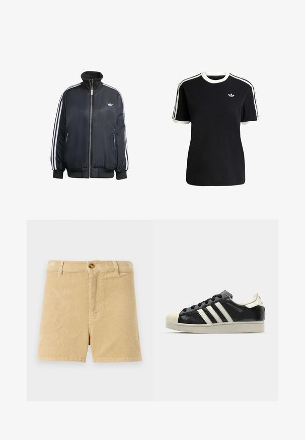 Svart zip-up jacka i glänsande tyg, med vita vertikala ränder på ärmarna, ribbade manschetter, hög krage och liten logo på bröstet.; Svart bomull t-shirt med vita detaljer på kragen och ärmarna, med tre vita ränder på varje axel och en liten logotyp på bröstet.; Kaki kornettshorts med en strukturerad ribbad mönster, med en framknappsstängning och två sidofickor. Klassisk rak klippdesign.; Svart lädersneaker med vita ränder, gummitåhätta, svarta snören och en krämfärgad sula. Slät textur med blank yta.