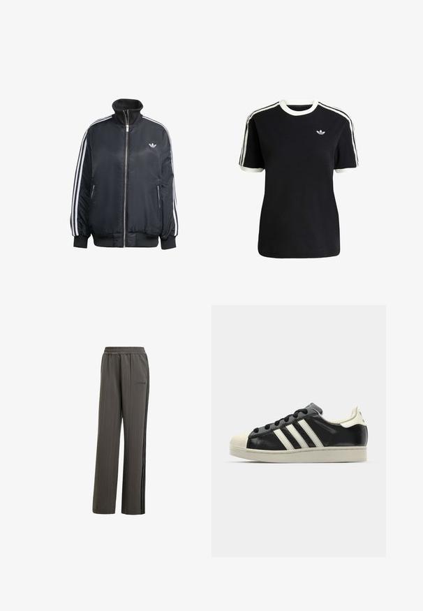 Chaqueta negra con cremallera, hecha de tela brillante, con rayas verticales blancas en las mangas, puños acanalados, cuello alto y un pequeño logo en el pecho.; Camiseta de algodón negra con acentos en blanco en el cuello y las mangas, que presenta tres rayas blancas en cada hombro y un pequeño logo en el pecho.; Pantalones deportivos grises de rayas con cintura elástica, bolsillos laterales y franjas laterales negras. Presenta un pequeño logo de marca en la parte frontal.; Zapatilla de cuero negro con rayas blancas, puntera de goma, cordones negros y suela color crema. Textura suave con acabado brillante.