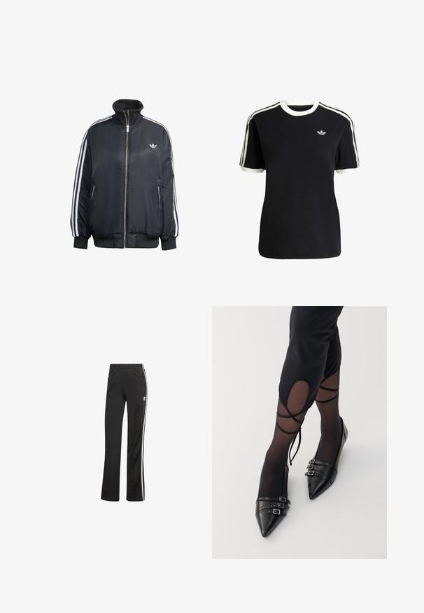 Schwarze zip-up Jacke aus glänzendem Material, mit weißen vertikalen Streifen an den Ärmeln, gerippten Bündchen, hohem Kragen und kleinem Logo auf der Brust.; Schwarzes Baumwoll-T-Shirt mit weißen Akzenten am Kragen und an den Ärmeln, ausgestattet mit drei weißen Streifen auf jeder Schulter und einem kleinen Logo auf der Brust.; Schwarze Sporthosen mit lockerer Passform, ausgestattet mit weißen Seitenstreifen und einem elastischen Bund. Enthält ein kleines Logo-Detail an der Seite.; Schwarze spitze Ballerinas aus Leder, mit drei Metall-Schnallen und einer glatten Oberfläche, getragen mit transparenten schwarzen Strümpfen.