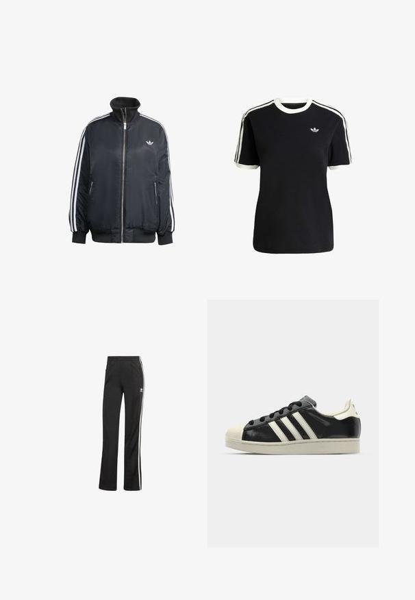 Schwarze zip-up Jacke aus glänzendem Material, mit weißen vertikalen Streifen an den Ärmeln, gerippten Bündchen, hohem Kragen und kleinem Logo auf der Brust.; Schwarzes Baumwoll-T-Shirt mit weißen Akzenten am Kragen und an den Ärmeln, ausgestattet mit drei weißen Streifen auf jeder Schulter und einem kleinen Logo auf der Brust.; Schwarze Sporthosen mit lockerer Passform, ausgestattet mit weißen Seitenstreifen und einem elastischen Bund. Enthält ein kleines Logo-Detail an der Seite.; Schwarze Ledersneaker mit weißen Streifen, Gummikappe, schwarzen Schnürsenkeln und einer cremefarbenen Sohle. Glatte Textur mit glänzender Oberfläche.