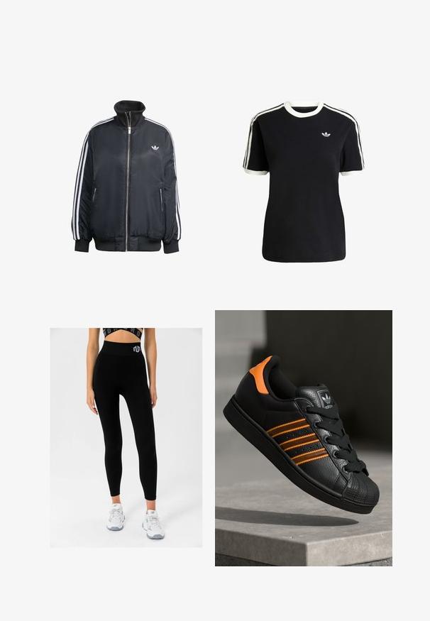Černá zipová bunda vyrobená z lesklé látky, s bílými vertikálními pruhy na rukávech, žebrovanými manžetami, vysokým límcem a malým logem na hrudi.; Černé bavlněné tričko s bílými akcenty na límci a rukávech, které má tři bílé pruhy na každém rameni a malé logo na hrudi.; Černé žebrované legíny s vysokým pasem a logem, v kombinaci s bílými teniskami, ukazující těsný střih a měkkou texturu.; Černé tenisky s oranžovými akcenty, třemi horizontálními pruhy, texturovaným koženým svrškem, gumovou špicí a černými tkaničkami.