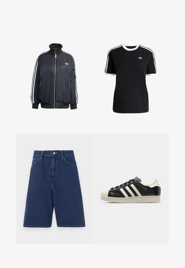 Musta vetoketjullinen takki, joka on valmistettu kiiltävästä kankaasta. Takissa on valkoiset pystysuorat raidat hihoissa, ribbireunukset, korkea kaulus ja pieni logo rinnassa.; Mustat puuvillapaidat, joissa on valkoiset yksityiskohdat kauluksessa ja hihoissa, jossa on kolme valkoista raitaa kummallakin olkapäällä ja pieni logo rintataskussa.; Tummansiniset farkkushortsit, joissa on perinteinen viiden taskun muotoilu, vyölenkit ja etunapilla oleva suljenta. Sileä pinta, jossa näkyvät saumat.; Musta nahkasneakeri, jossa on valkoiset raidat, kuminen varvassuoja, mustat nauhat ja kermaisa ulkopohja. Suora pinta ja kiiltävä viimeistely.