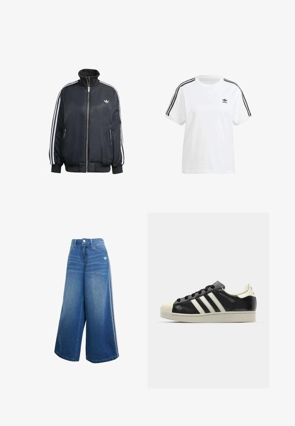 Svart zip-up jacka i glänsande tyg, med vita vertikala ränder på ärmarna, ribbade manschetter, hög krage och liten logo på bröstet.; Vit bomullströja med korta ärmar, rund halsringning och svarta vertikala ränder på axlarna, med en liten svart logotyp på bröstet.; Breda denimjeans i medelblått, med hög midja, subtila sömdetaljer och en liten vit logotyp på framsidan.; Svart lädersneaker med vita ränder, gummitåhätta, svarta snören och en krämfärgad sula. Slät textur med blank yta.