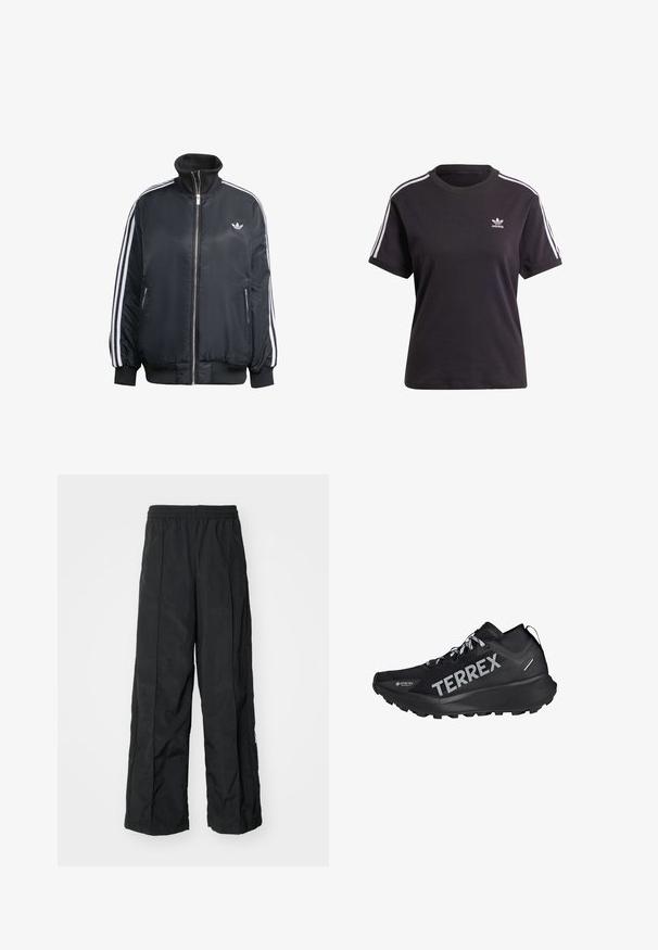 Černá zipová bunda vyrobená z lesklé látky, s bílými vertikálními pruhy na rukávech, žebrovanými manžetami, vysokým límcem a malým logem na hrudi.; Černé bavlněné tričko s krátkým rukávem a kulatým výstřihem, na ramenou s bílými pruhy a malým bílým logem Adidas na hrudi.; Černé kalhoty s širokými nohavicemi a pružným pasem, které mají hladkou texturu a boční švy pro vylepšení designu.; Černá sportovní obuv s texturovaným svrškem, se značkou "TERREX", šněrováním a robustní podrážkou pro trakci.