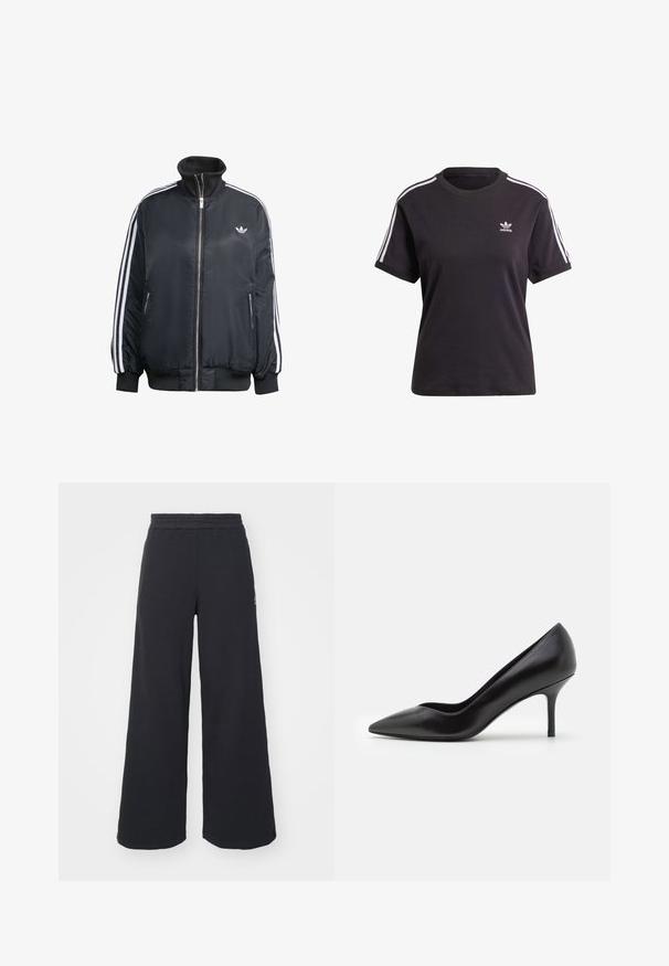 Giacca nera con zip realizzata in tessuto lucido, con strisce verticali bianche sulle maniche, polsini a costine, colletto alto e piccolo logo sul petto.; T-shirt corta nera in cotone a maniche corte con collo rotondo, caratterizzata da strisce bianche sulle spalle e un piccolo logo Adidas bianco sul petto.; Pantaloni felpati neri a gamba larga realizzati in tessuto morbido, con un elastico in vita e un piccolo logo sul lato sinistro.; Pumps neri in pelle con tacco alto, punta affilata e sottile tacco a stiletto, texture liscia con dettagli minimi.
