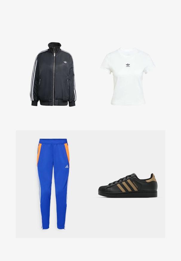 Zwart ritsjack van glanzende stof, met witte verticale strepen op de mouwen, geribbelde manchetten, hoge kraag en klein logo op de borst.; Witte katoenen T-shirt met korte mouwen en een ronde hals. Voorzien van een zwart Adidas-logo op de borst. Eenvoudig, minimalistisch ontwerp.; Blauwe sportbroek met oranje zijkanten, witte strepen langs de zijkanten, elastische tailleband en ritsen onderaan. Adidas-logo aanwezig.; Zwarte leren sneaker met drie bruine strepen, gestructureerde rubberen neus, vetersluiting aan de voorkant en platte zwarte zool. Heeft een subtiele logo op de hiel.