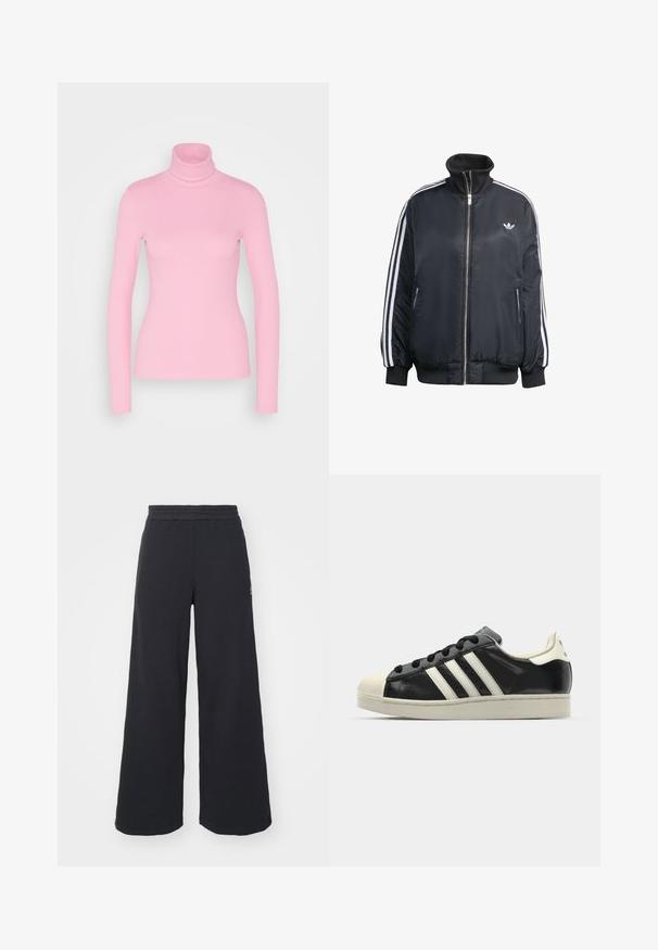 Schwarze zip-up Jacke aus glänzendem Material, mit weißen vertikalen Streifen an den Ärmeln, gerippten Bündchen, hohem Kragen und kleinem Logo auf der Brust.; Even&Odd Langarmshirt - pink; Schwarze weite Sweatpants aus weichem Material, mit einem elastischen Taillenbund und einem kleinen Logo auf der linken Seite.; Schwarze Ledersneaker mit weißen Streifen, Gummikappe, schwarzen Schnürsenkeln und einer cremefarbenen Sohle. Glatte Textur mit glänzender Oberfläche.