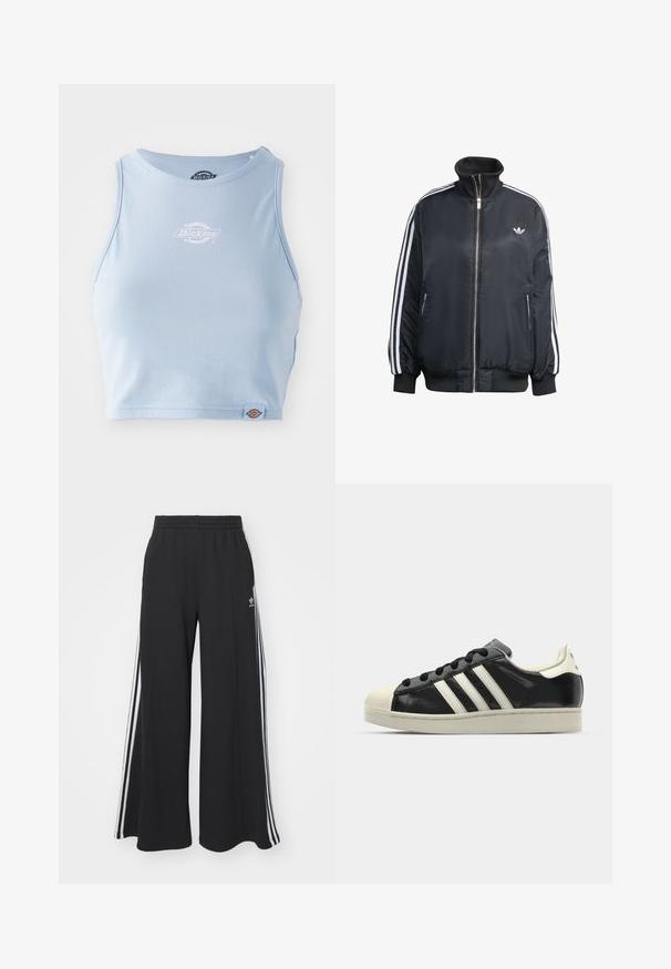 Svart zip-up jacka i glänsande tyg, med vita vertikala ränder på ärmarna, ribbade manschetter, hög krage och liten logo på bröstet.; Ljusblå bomullskorttop med rund halsringning, pryd med en vit tryckt logotyp på bröstet och ett litet logotags vid fållen.; Svarta vida sweatpants med elastisk midje, med vita sidosträck och en broderad logotyp på vänster lår.; Svart lädersneaker med vita ränder, gummitåhätta, svarta snören och en krämfärgad sula. Slät textur med blank yta.