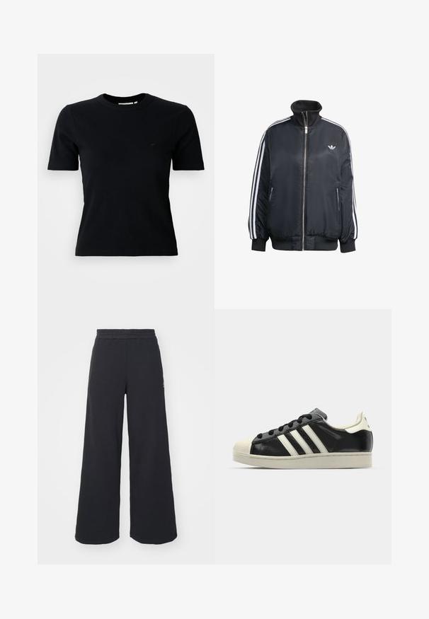 Zwart ritsjack van glanzende stof, met witte verticale strepen op de mouwen, geribbelde manchetten, hoge kraag en klein logo op de borst.; Zwarte ribbel korte mouwen t-shirt met een ronde halslijn; heeft een subtiele logo op de borst; gemaakt van een zachte, gestructureerde stof.; Zwarte wijde sweatpants gemaakt van zachte stof, met een elastische tailleband en een klein logo aan de linkerkant.; Zwarte leren sneaker met witte strepen, rubberen teenbescherming, zwarte veters en een crèmekleurige loopzool. Glad oppervlak met een glanzende afwerking.