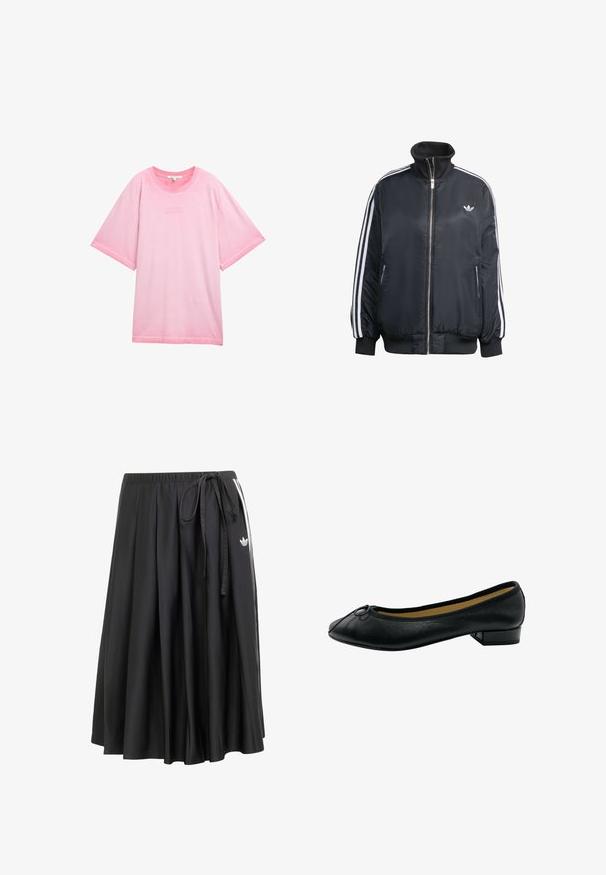 Zwart ritsjack van glanzende stof, met witte verticale strepen op de mouwen, geribbelde manchetten, hoge kraag en klein logo op de borst.; Roze oversized T-shirt van zachte katoen. Heeft een ronde halslijn en korte mouwen met de tekst "GOEDE DINGEN GROEIEN" gedrukt op de voorkant.; Zwarte midirok met elastische tailleband, zijstrik, witte strepen en Adidas trefoil-logo aan de rechterzijde.; Zwarte leren ballerina met een ronde neus, met een kleine decoratieve knoop en een lage blokhak. Geweven oppervlakte en slanke silhouet.