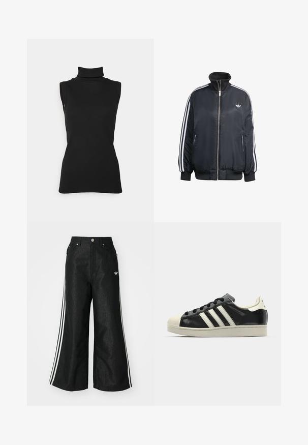 Black zip-up jacket made of shiny fabric, featuring white vertical stripes on sleeves, ribbed cuffs, high collar, and small logo on chest.; Black sleeveless turtleneck top made of ribbed fabric, featuring a high neck and a fitted silhouette. Smooth texture with minimal detailing.; Black wide-leg denim pants with three white stripe accents on each side and a small white logo. Features front pockets and a button closure.; Black leather sneaker with white stripes, rubber toe cap, black laces, and a cream-colored outsole. Smooth texture with shiny finish.