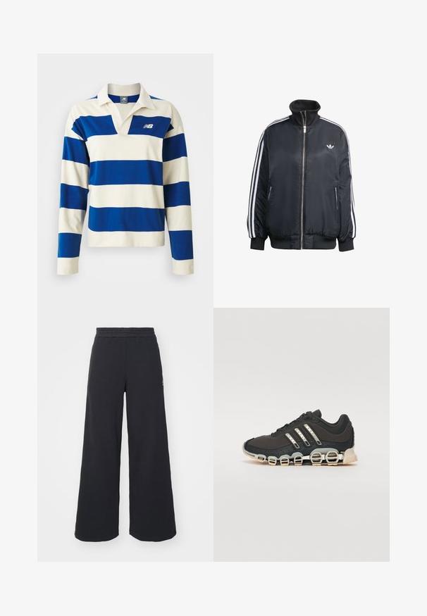 Chaqueta negra con cremallera, hecha de tela brillante, con rayas verticales blancas en las mangas, puños acanalados, cuello alto y un pequeño logo en el pecho.; Camisa de rugby de manga larga con amplias franjas horizontales azules y blancas y un cuello, con un logotipo blanco de New Balance en el pecho.; Pantalones de chándal negros de pierna ancha, hechos de una tela suave, con una cintura elástica y un pequeño logo en el lado izquierdo.; Zapatilla deportiva negra con parte superior texturizada, tres rayas plateadas y una suela de amortiguación distintiva que presenta múltiples secciones integradas.