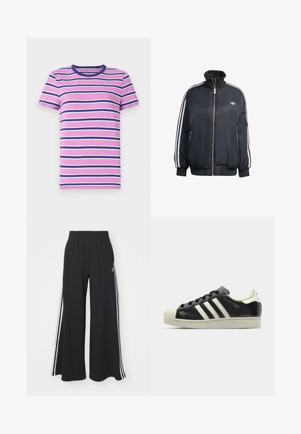 Czarna kurtka zapinana na zamek, wykonana z błyszczącego materiału, z białymi pionowymi paskami na rękawach, ściągaczami na mankietach, wysokim kołnierzem i małym logo na piersi.; Koszulka z krótkim rękawem w poziome pasy w odcieniach różu, bieli i granatu. Posiada okrągły dekolt oraz miękką, gładką tkaninę.; Czarne szerokie spodnie dresowe z elastycznym pasem, z białymi paskami po bokach i haftowanym logo na lewej udzie.; Czarne skórzane trampki z białymi paskami, gumowym czubkiem, czarnymi sznurówkami i kremową podeszwą. Gładka faktura z połyskującym wykończeniem.